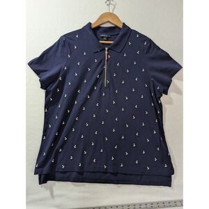 Tommy Hilfiger Anchor Print Zip Polo Shirt Women's Size 9 (IX) Navy Blue